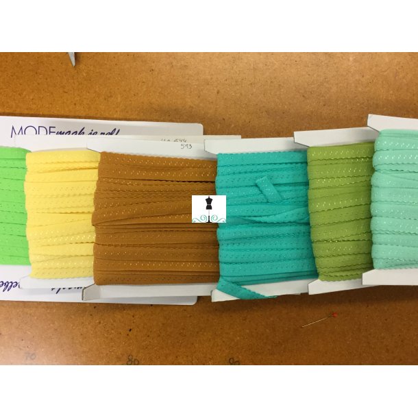 Foldeelastik med tungekant 10/20 mm - gule og grnne farver