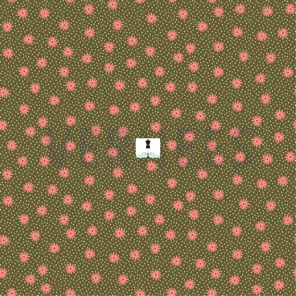 Bomulds poplin armygrn med sm lyserde blomster