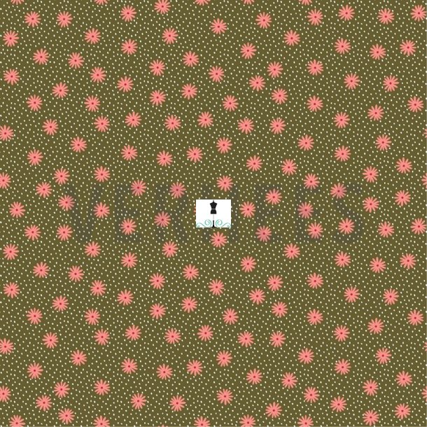 Bomulds poplin armygrøn med små lyserøde blomster