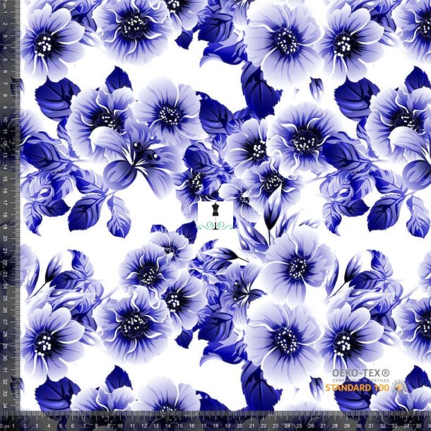 Digital jersey med flotte bl/lavendelfarvede blomster