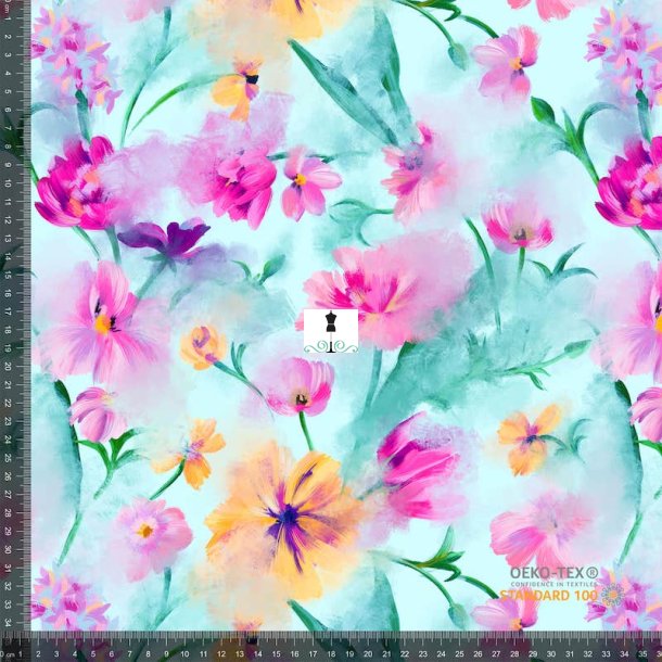 Jersey digital printet mintgn med flotte fadede blomster